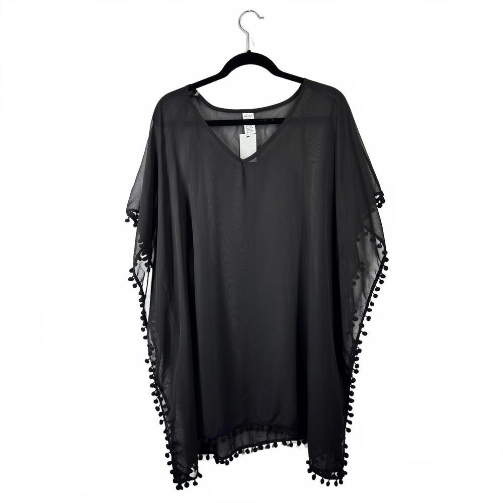 West Loop Women's Black Sheer Cover-Up with Pom Pom‎ Trim NWT One Size NEW